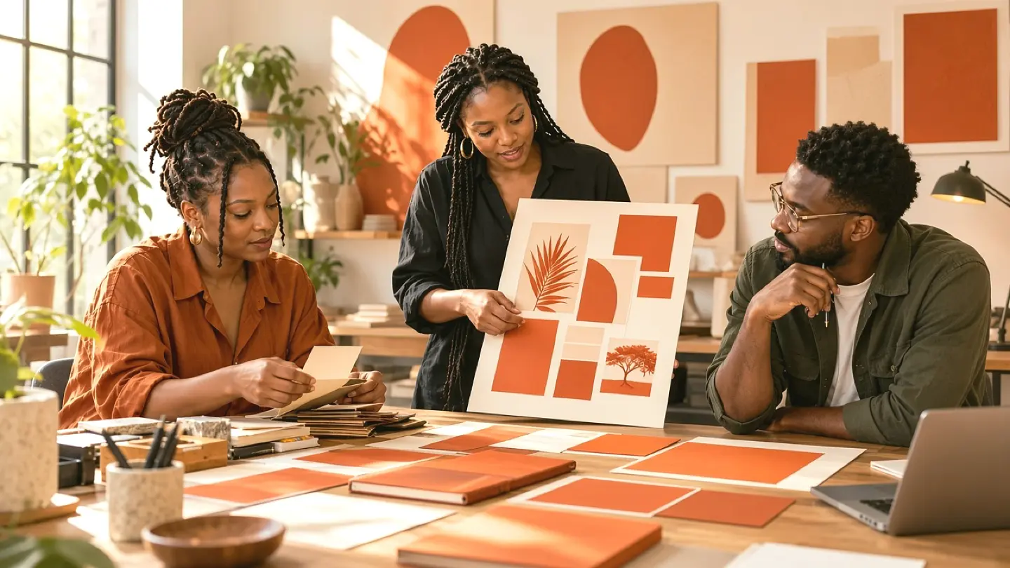 Illustrative art director reviewing orange and ivory visual direction boards