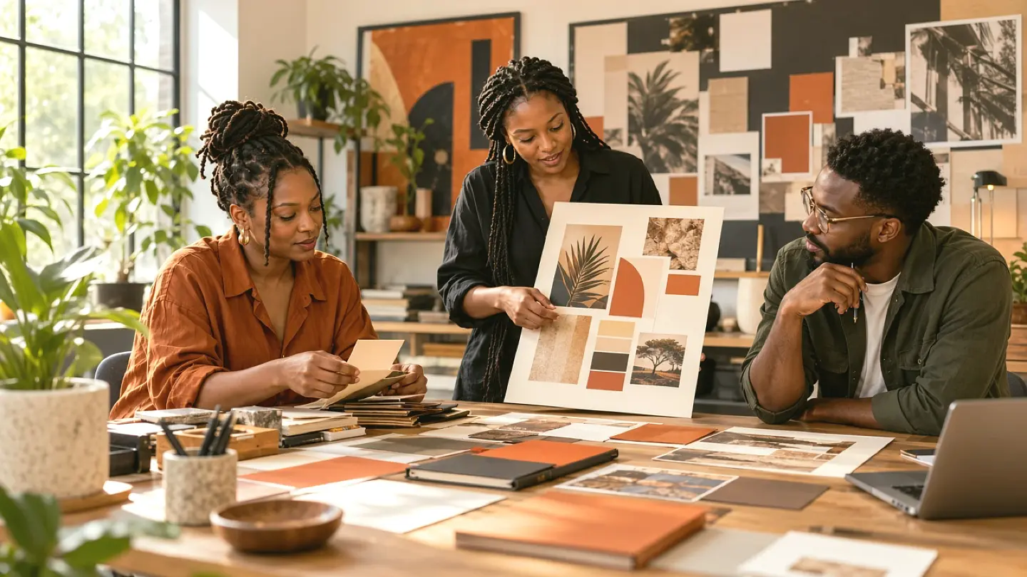 Illustrative scene of two African creatives styling products and photographing a coordinated social media campaign