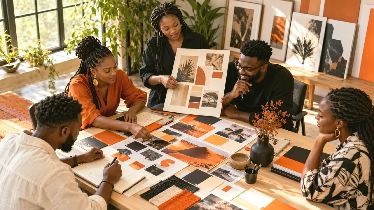 Illustrative scene of three African creative professionals comparing colour samples and a brand presentation board