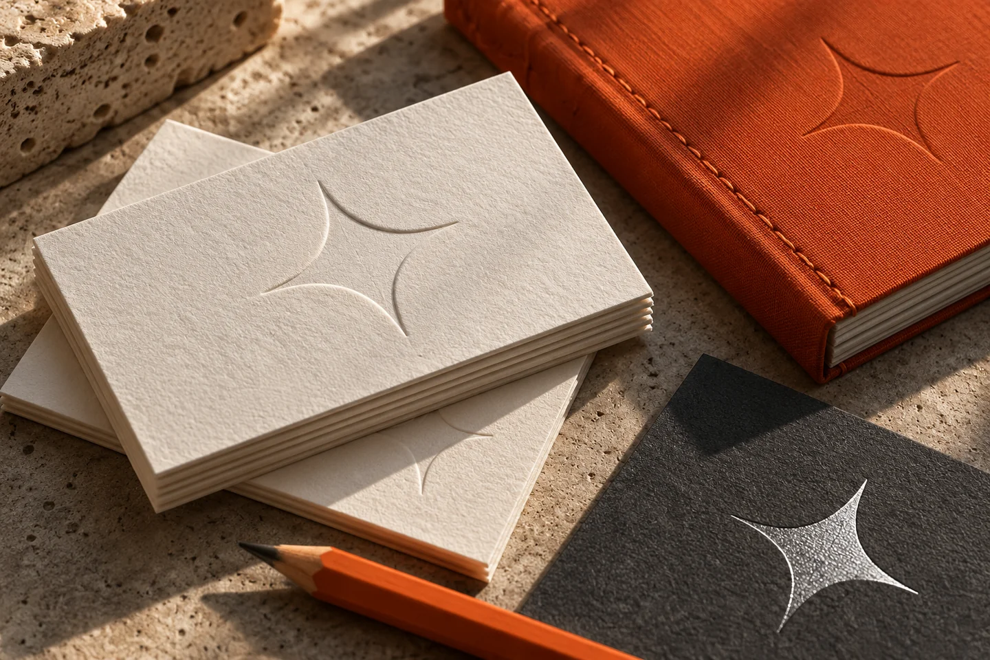 Illustrative embossed identity cards and orange brand book