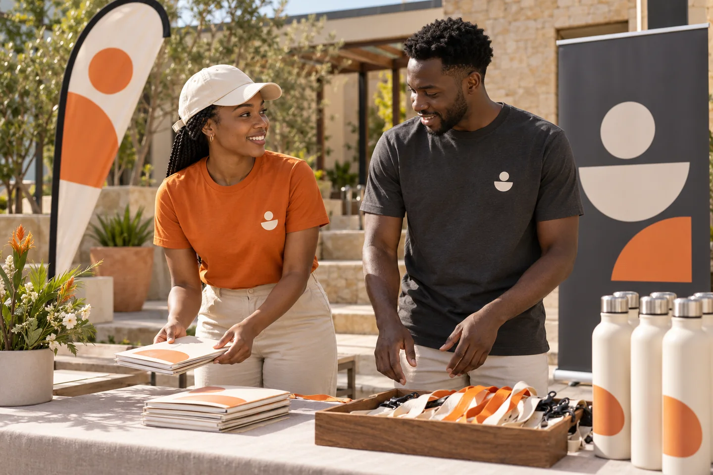 Illustrative African event ambassadors wearing coordinated orange and charcoal branded T-shirts beside an event display