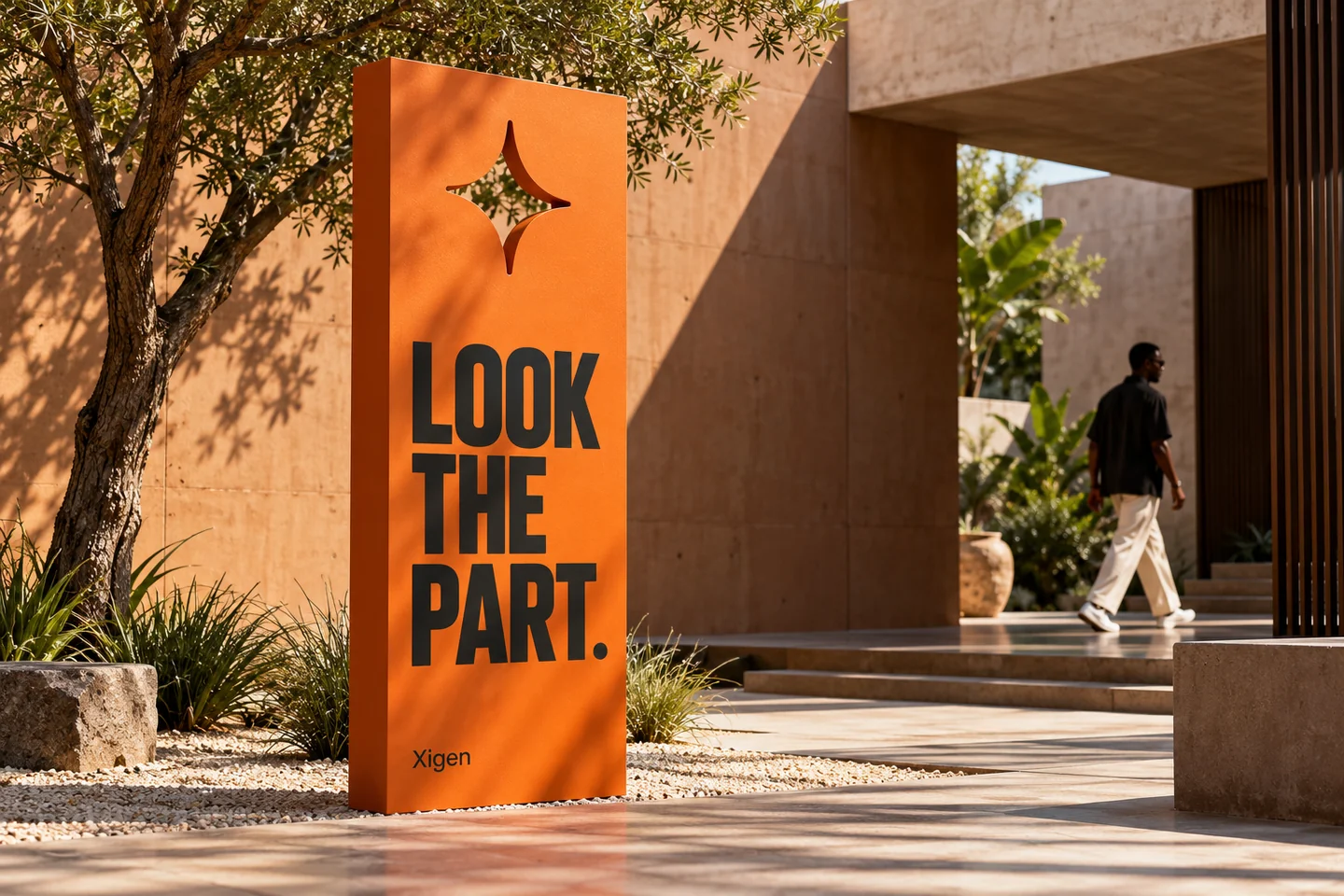 Illustrative Xigen self-promotional signage in an African courtyard