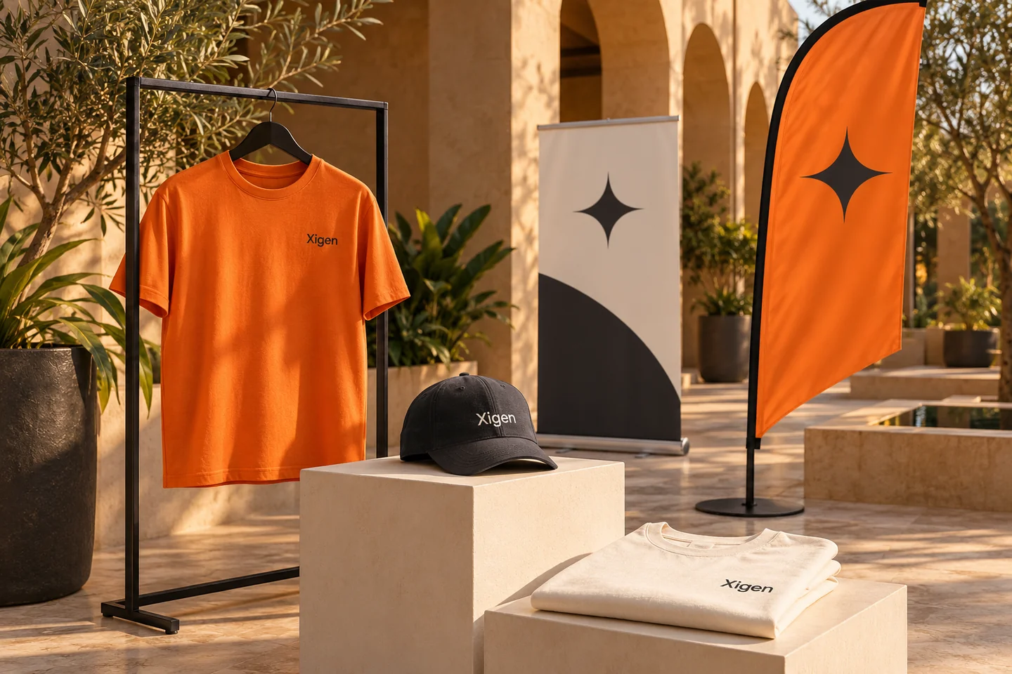 Illustrative Xigen T-shirt, cap, teardrop flag and pull-up banner in a courtyard display