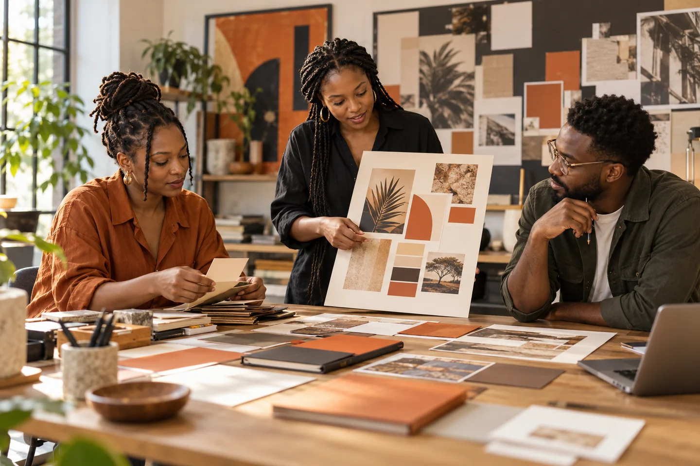Illustrative scene of three African creative professionals comparing colour samples and a brand presentation board