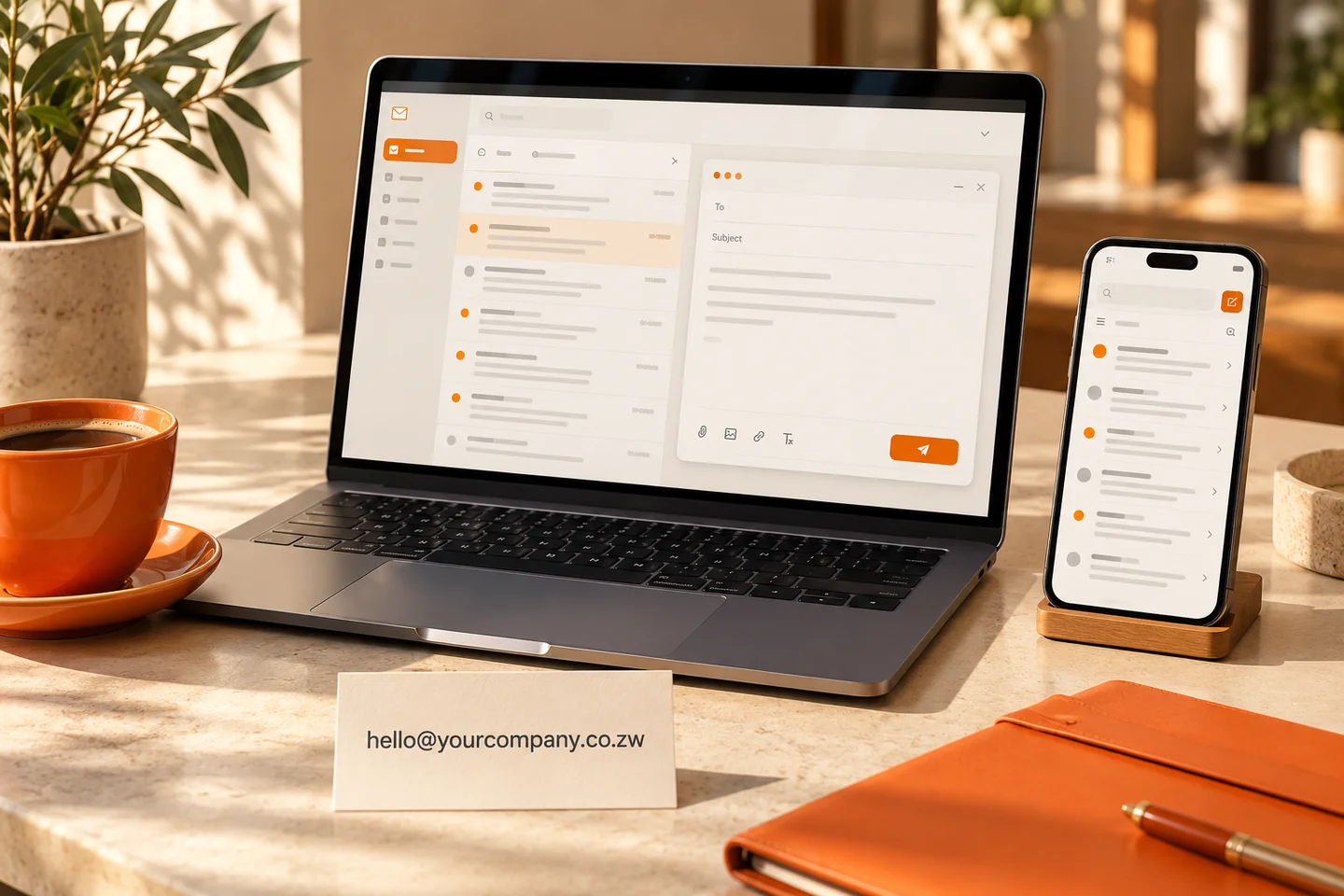Illustrative business webmail across laptop and phone with a company-domain email address