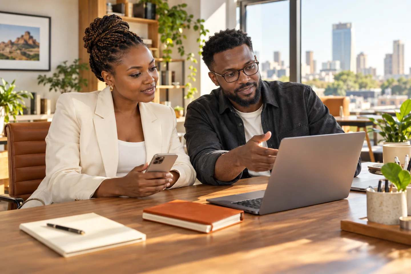 Illustrative African business owner and digital consultant reviewing a laptop and business phone together