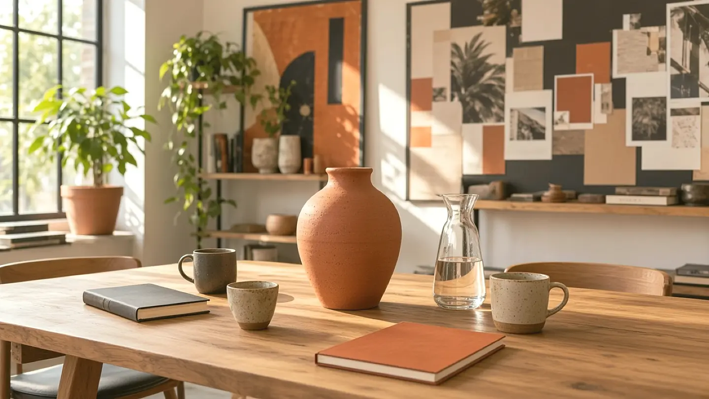 Illustrative art director reviewing orange and ivory visual direction boards