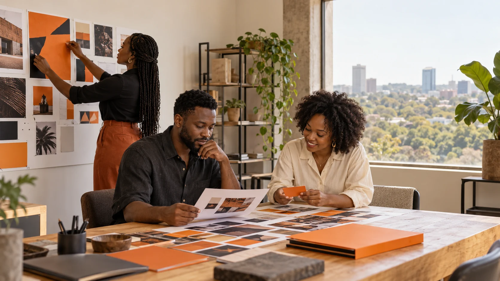 Illustrative scene of African creative professionals collaborating on a brand identity project