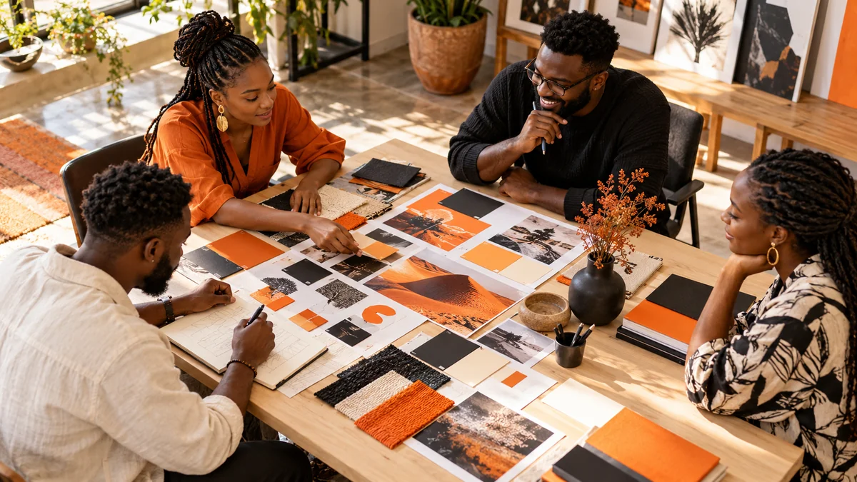 Illustrative African creative team shaping a brand direction together