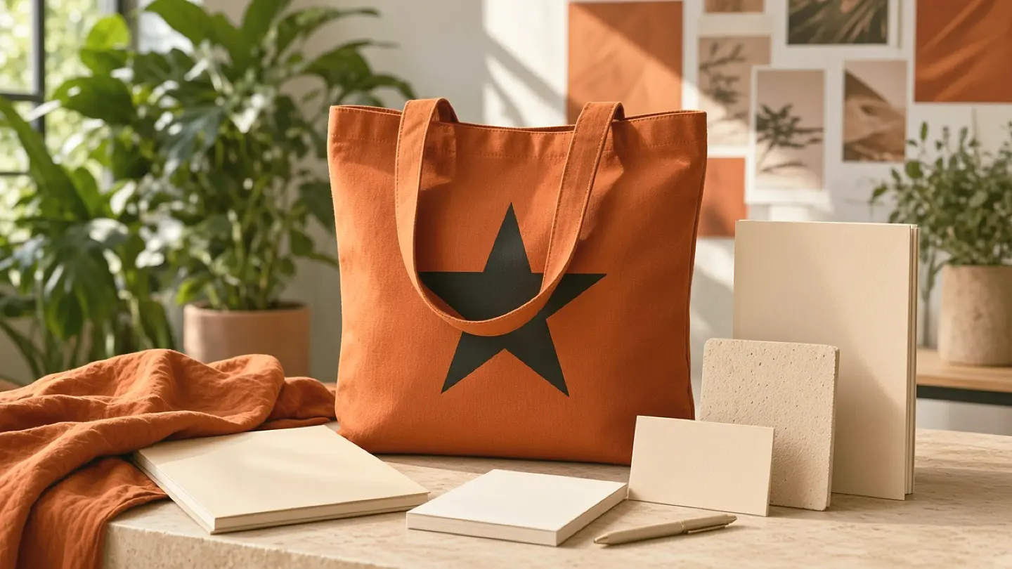 Illustrative orange tote and stationery arranged for a brand identity still life