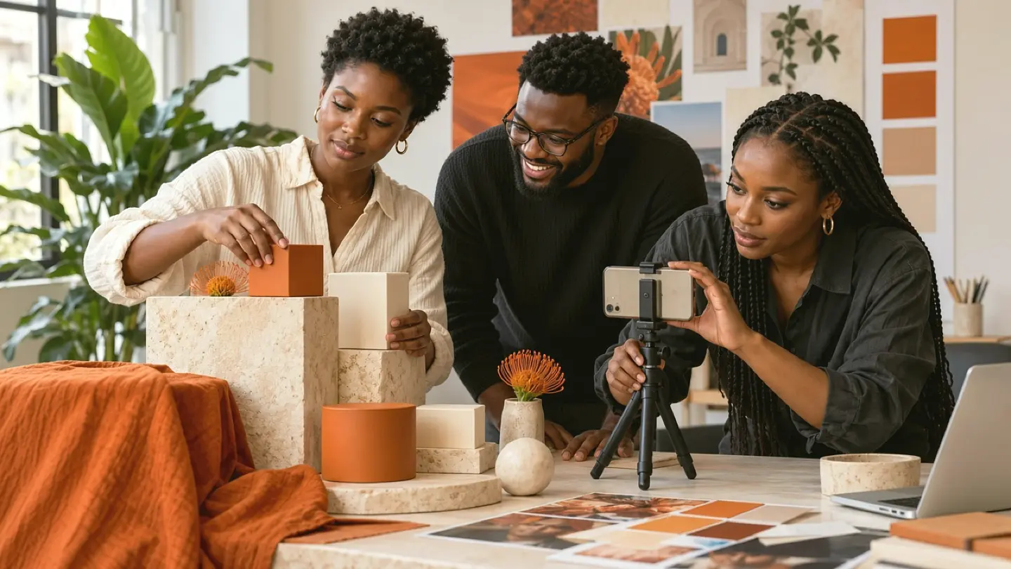 Illustrative African creatives reviewing brand boards in a studio