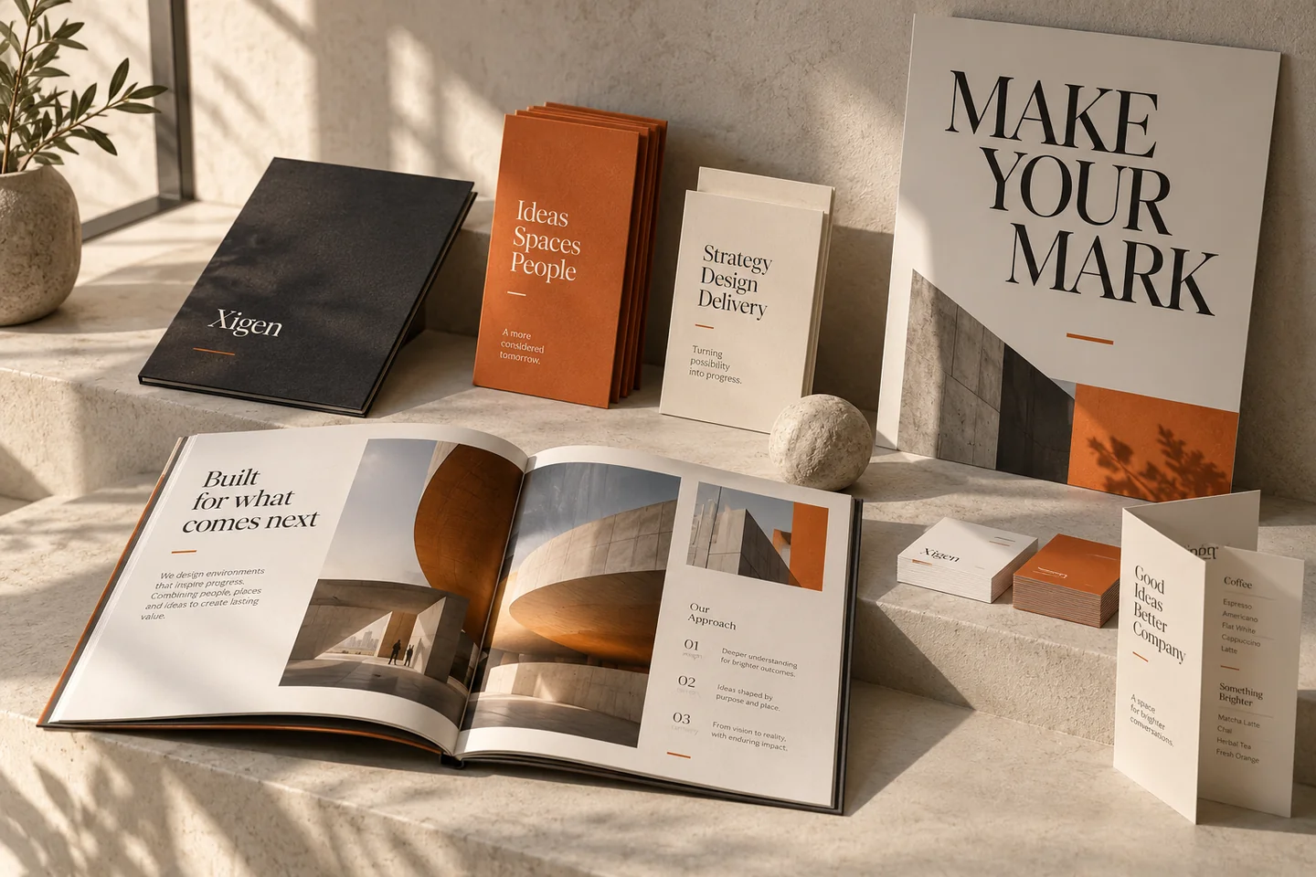 Illustrative embossed identity cards and orange brand book