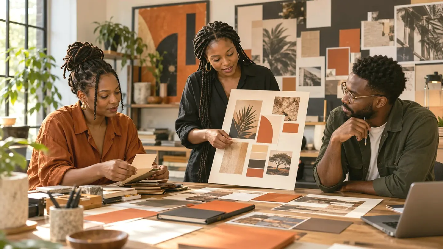 Illustrative creative team refining a brand layout