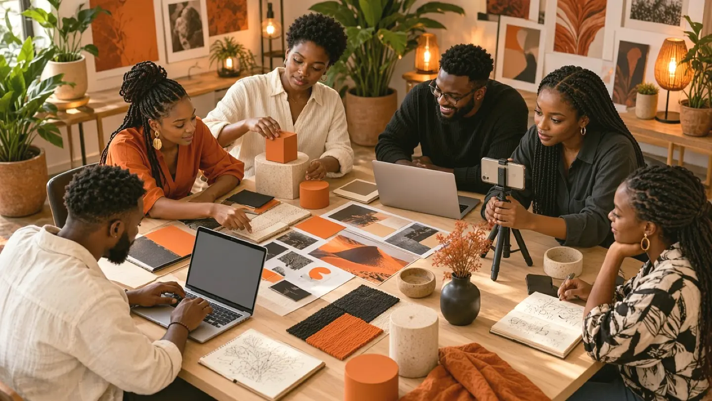 Illustrative African creatives collaborating outdoors over a laptop