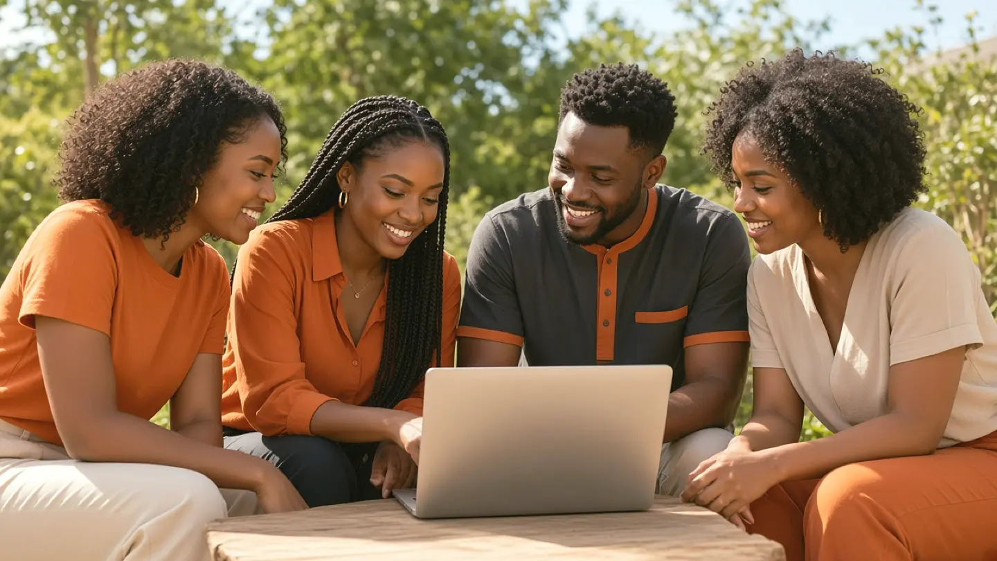 Illustrative African creatives collaborating outdoors over a laptop