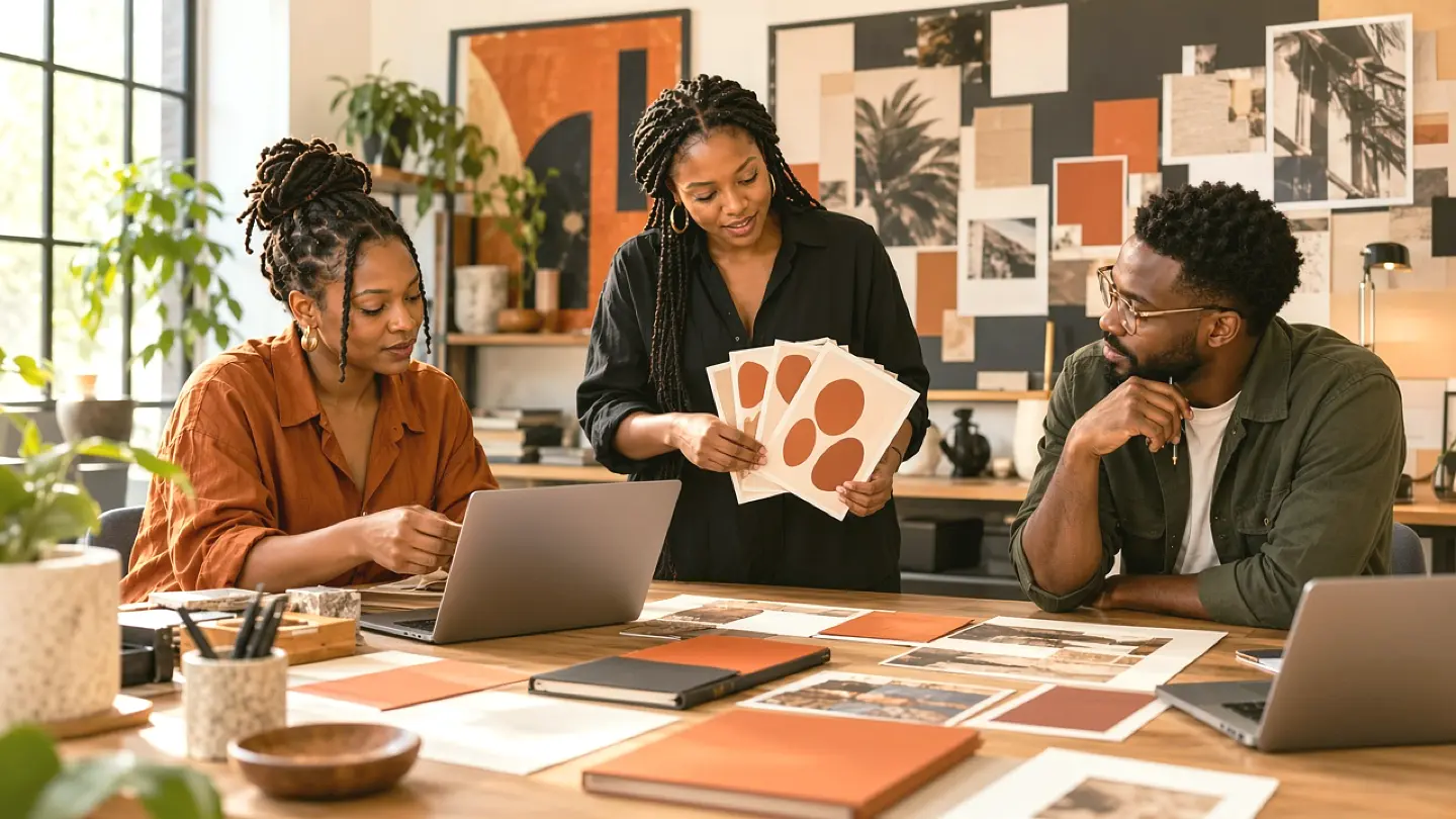 Illustrative art director reviewing orange and ivory visual direction boards