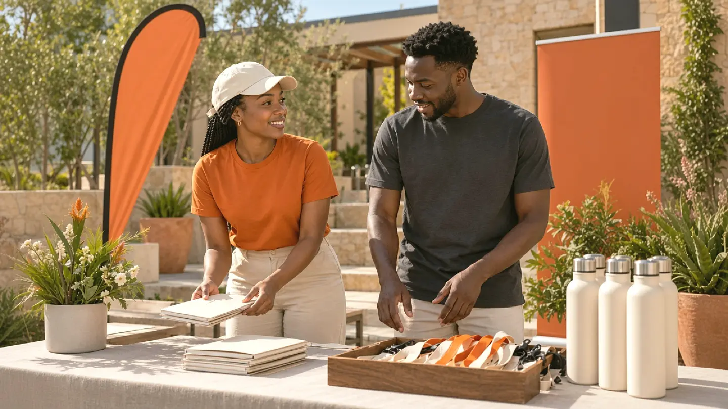 Illustrative African event ambassadors wearing coordinated orange and charcoal branded T-shirts beside an event display