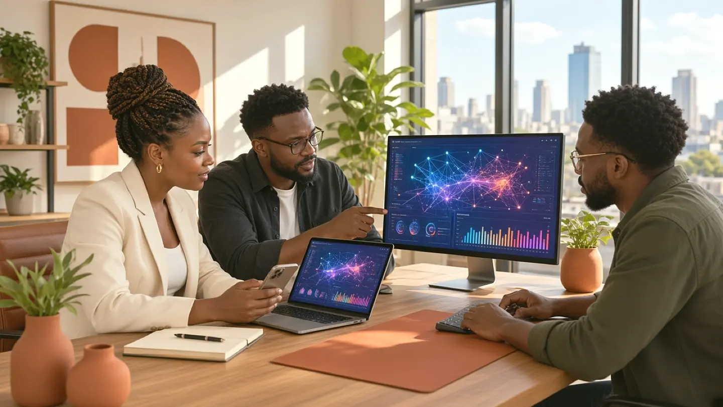 Illustrative African business owner and digital consultant reviewing a laptop and business phone together