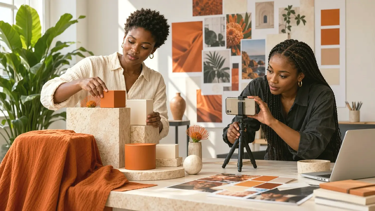 Illustrative scene of two African creatives styling products and photographing a coordinated social media campaign