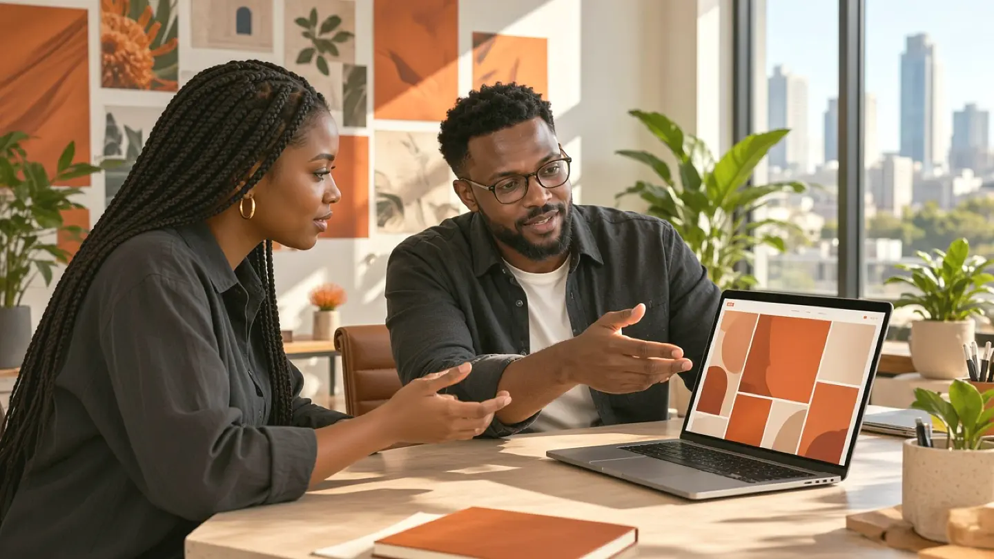Illustrative African web designer and business owner reviewing a website across devices