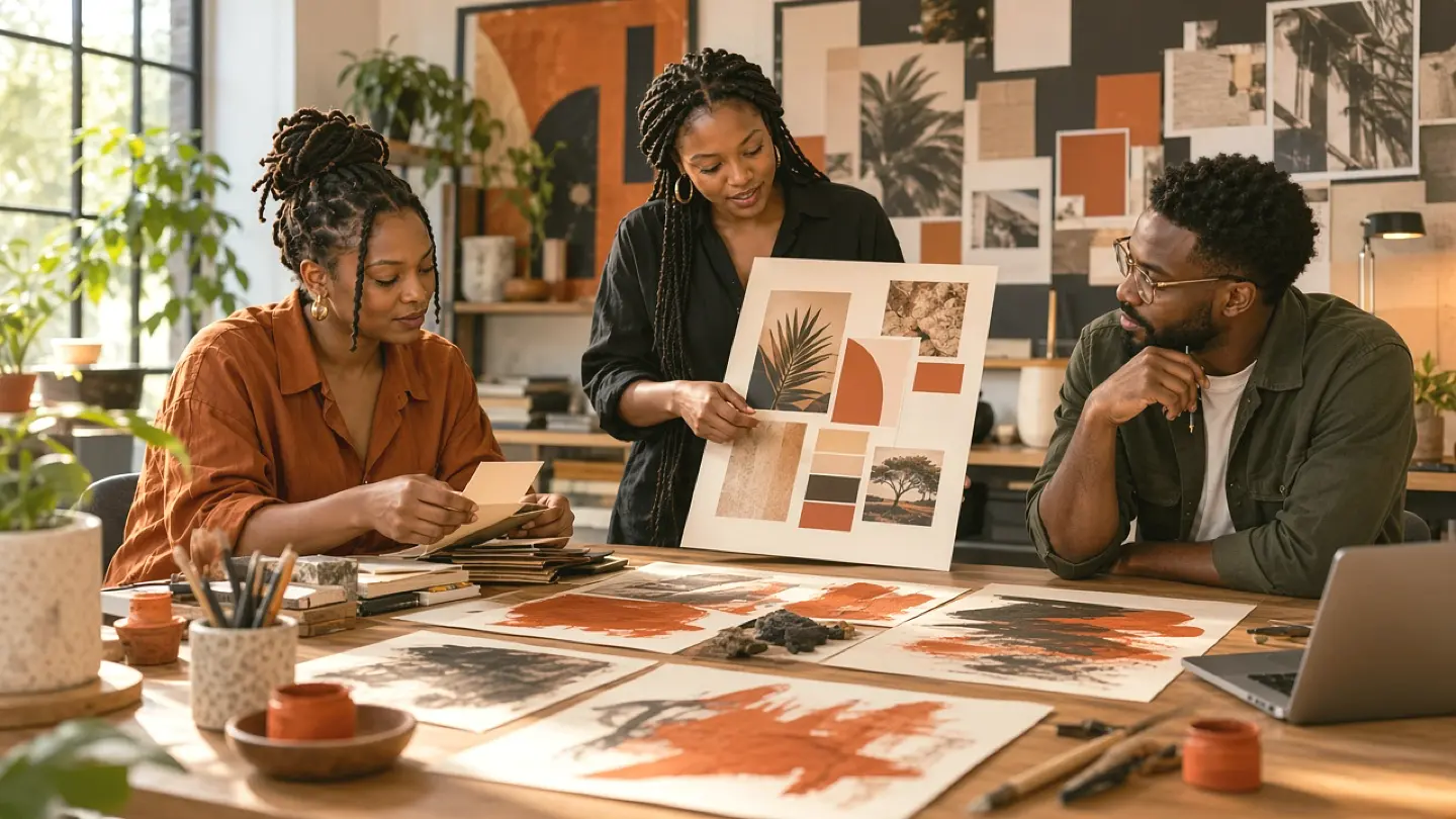 Illustrative African creative team shaping a brand direction together