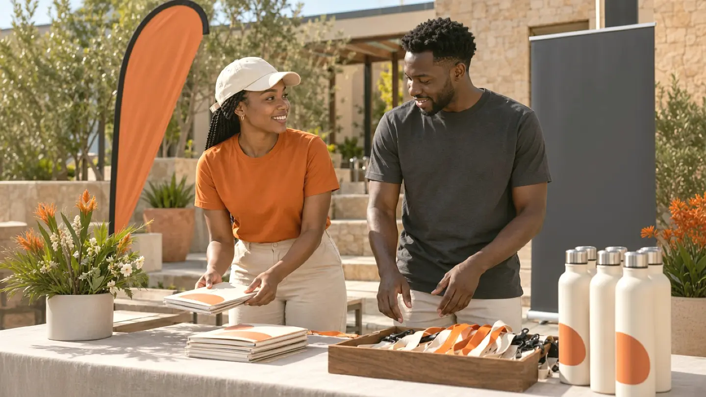 Illustrative African event ambassadors wearing coordinated orange and charcoal branded T-shirts beside an event display