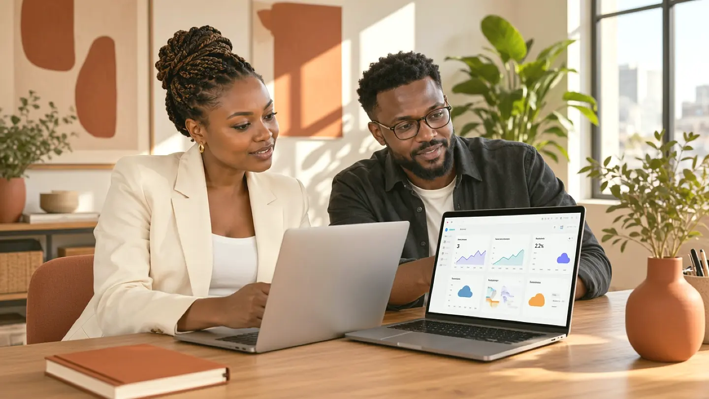Illustrative African business owner and digital consultant reviewing a laptop and business phone together