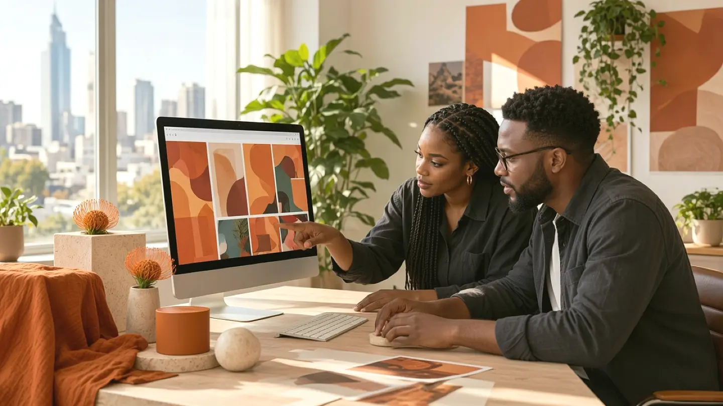 Illustrative scene of two African creatives styling products and photographing a coordinated social media campaign
