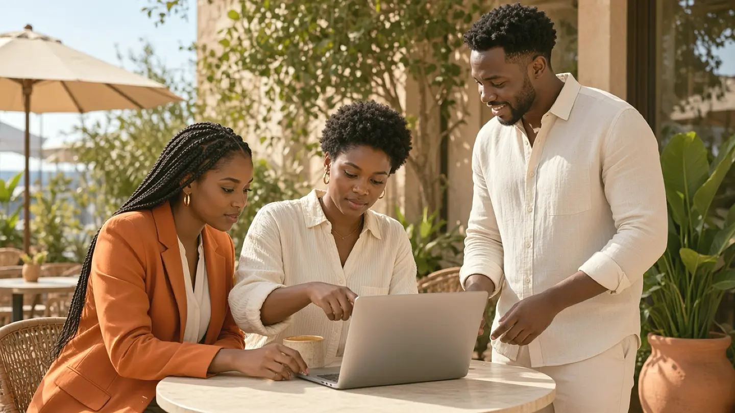 Illustrative scene of three African creative professionals comparing colour samples and a brand presentation board
