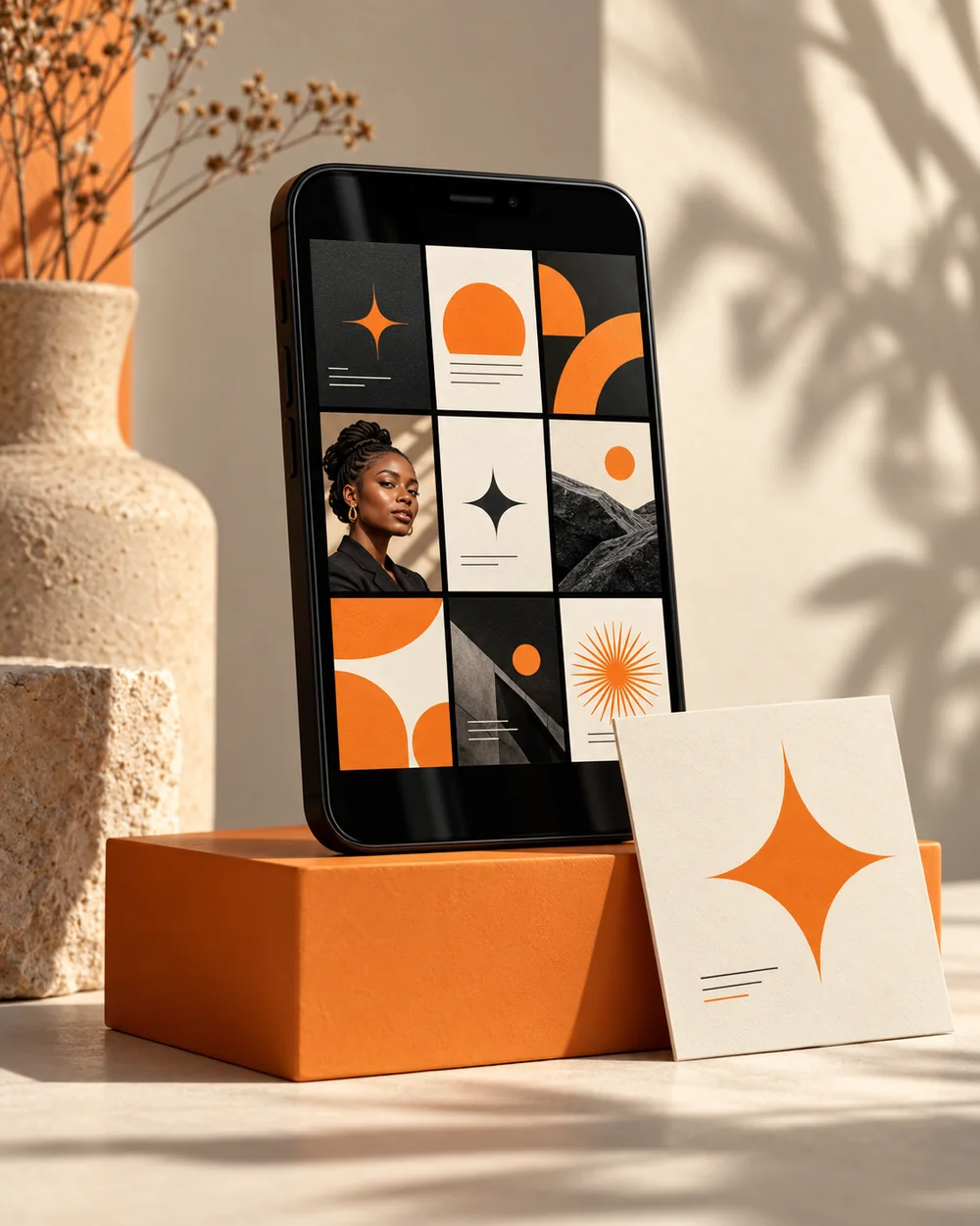Illustrative coordinated orange and charcoal social media designs on a smartphone