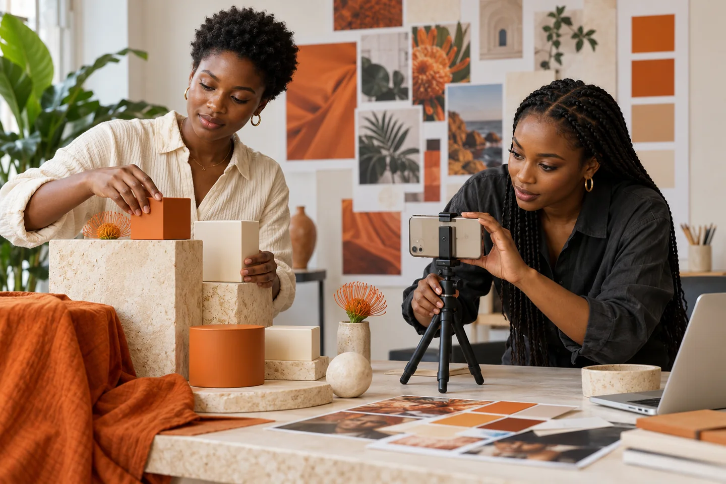 Illustrative African business owner and digital consultant reviewing a laptop and business phone together