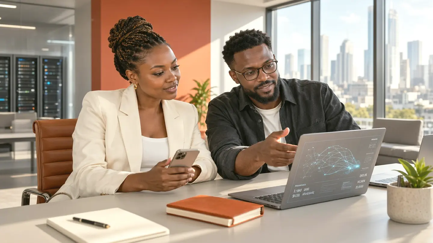 Illustrative African business owner and digital consultant reviewing a laptop and business phone together