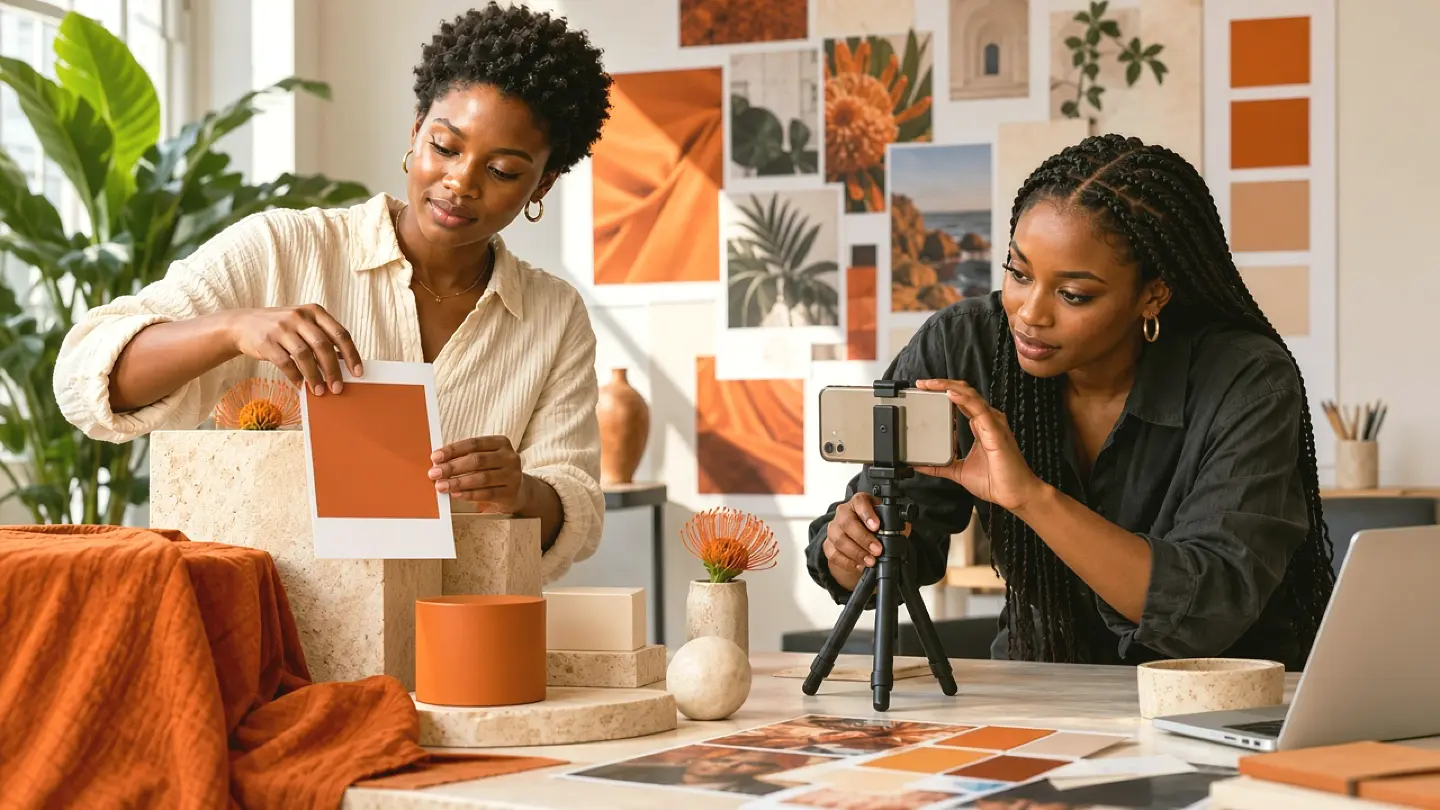 Illustrative scene of two African creatives styling products and photographing a coordinated social media campaign