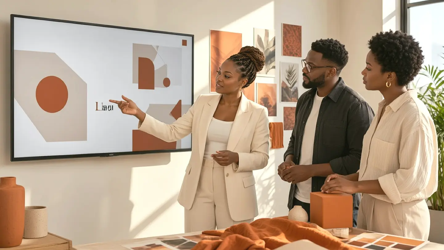 Illustrative African web designer and business owner reviewing a website across devices