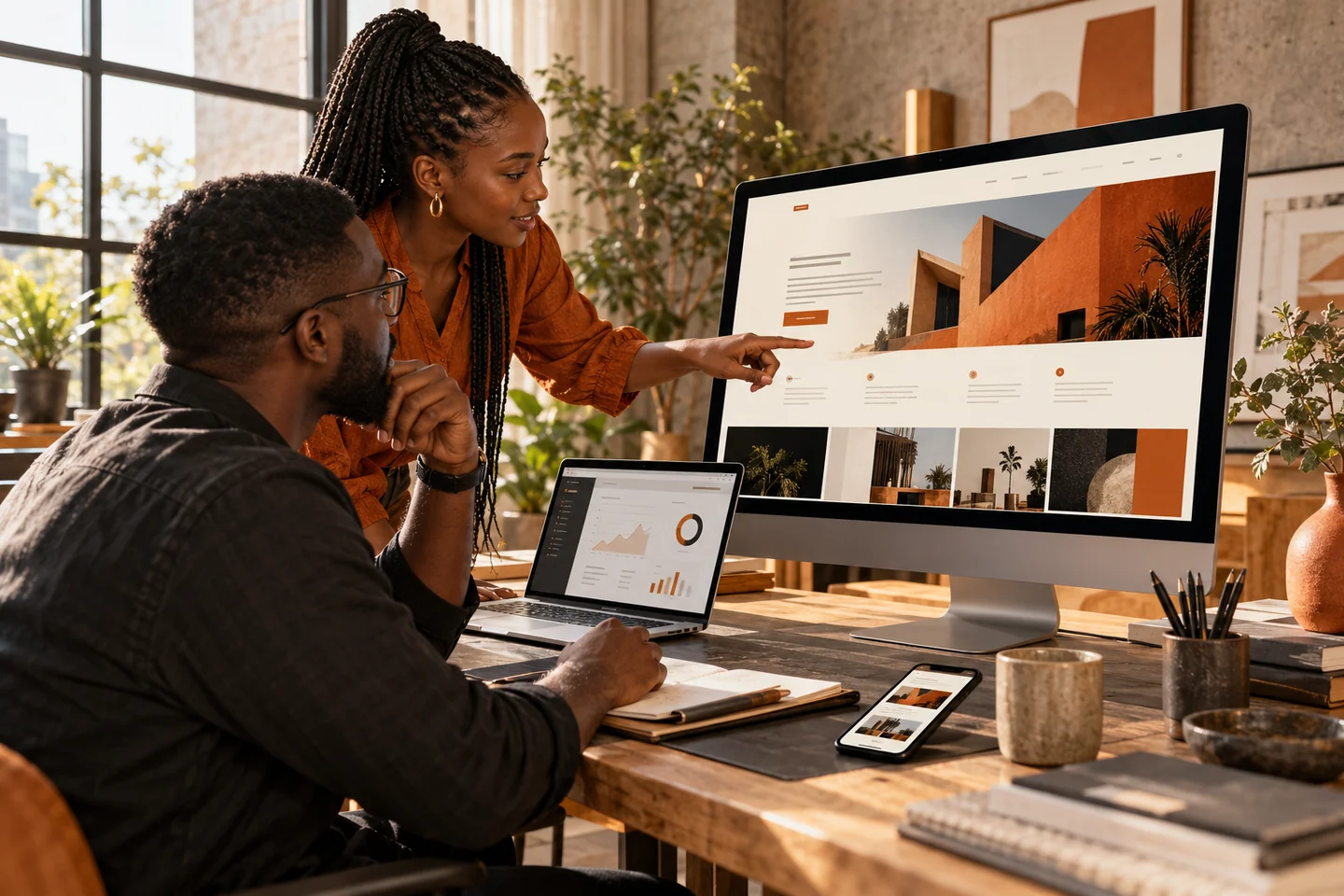 Illustrative African designer and business owner reviewing a website together